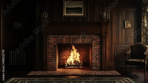  traditional brick fireplace with a roaring fire, framed by a classic mantel with simple decor