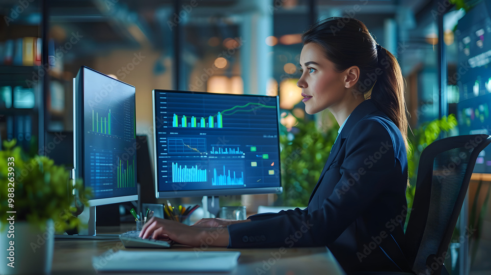 Female accountant working with corporate financial data on computer. Young woman in suit sitting at office desk and looking at business spreadsheets on screen of modern desktop comp Female accountant working with corporate financial data on computer. Young woman in suit sitting at office desk and looking at business spreadsheets on screen of modern desktop comp