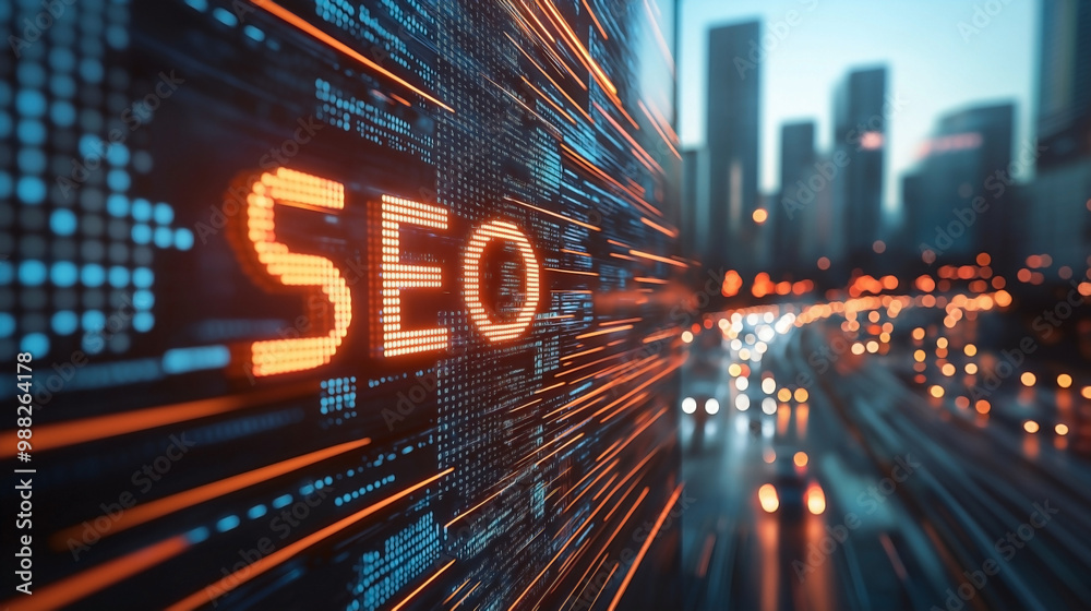 Fototapeta premium A virtual display featuring the word 'SEO' in modern font on a digital screen, representing e-commerce search engine optimization