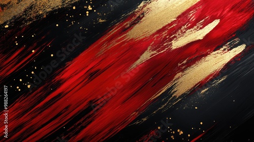 Vivid red and gold brush strokes dynamically contrast against a rich black background producing a striking artistic impact photo