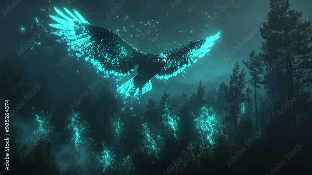 Fototapeta premium Illuminated Falcon Majesty: Glowing Bird of Prey Soaring Over Enchanted Dusk Forest
