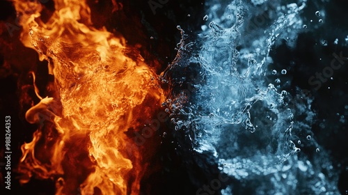 Dynamic interplay of fire and water on a dark backdrop showcasing the contrast between two elemental forces