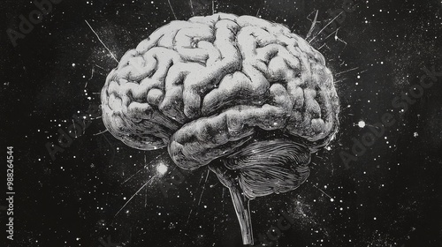 Abstract brain background. Photocopy stippled style with collage elements of brain