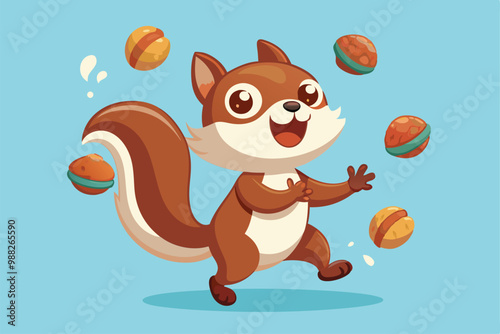 A cheerful squirrel skillfully juggles multiple nuts, showcasing its playful nature against a vibrant background.