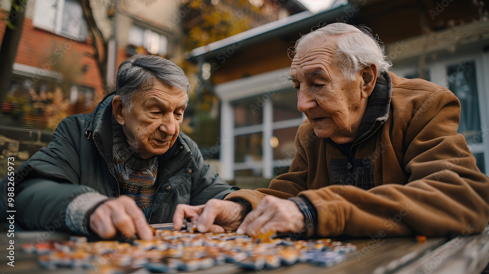 Friendly caregiver or nurse in geriatric clinic or retirement home helping senior patient with puzzle. Old man sitting at table and solving alphabet puzzle. Dementia, Alzheimer's di Friendly caregiver or nurse in geriatric clinic or retirement home helping senior patient with puzzle. Old man sitting at table and solving alphabet puzzle. Dementia, Alzheimer's di