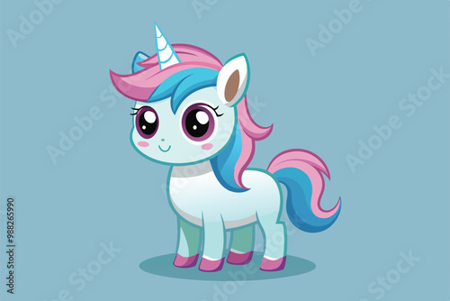 A cute unicorn stands cheerfully with a colorful mane, inviting customization, set against a soft blue backdrop, radiating charm and whimsy.
