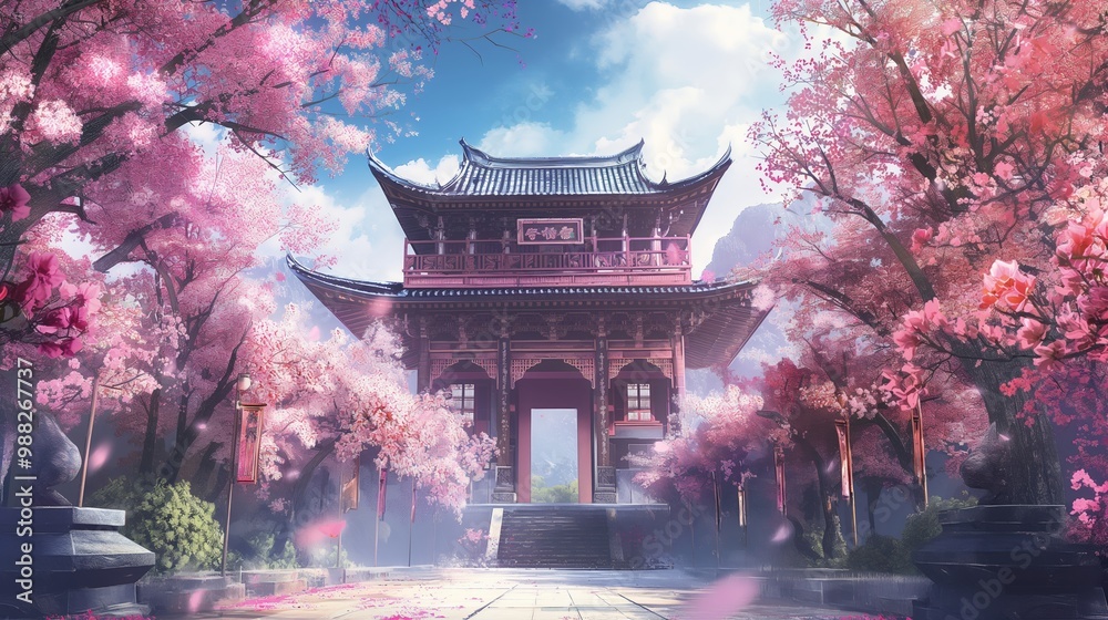 anime background of pink sakura in the garden of temple
