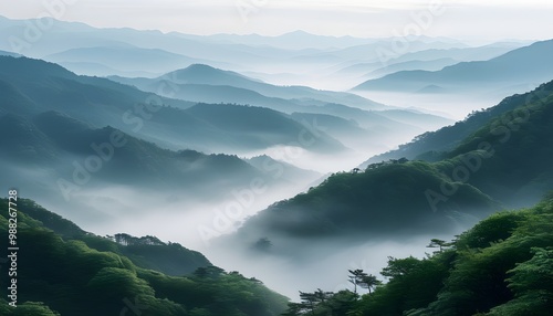 Tranquil mountain landscape with rolling hills shrouded in serene mist, evoking peace, mystery, and natural beauty