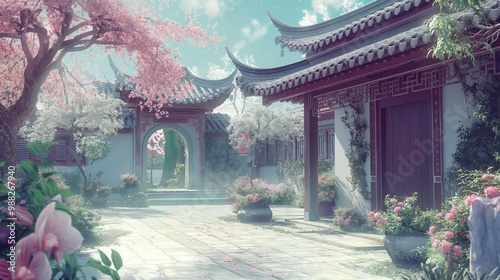 anime background of beautiful sakura flowers garden