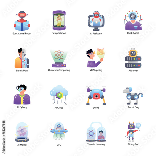 Bundle of 16 Machine Learning and AI Flat Icons  


