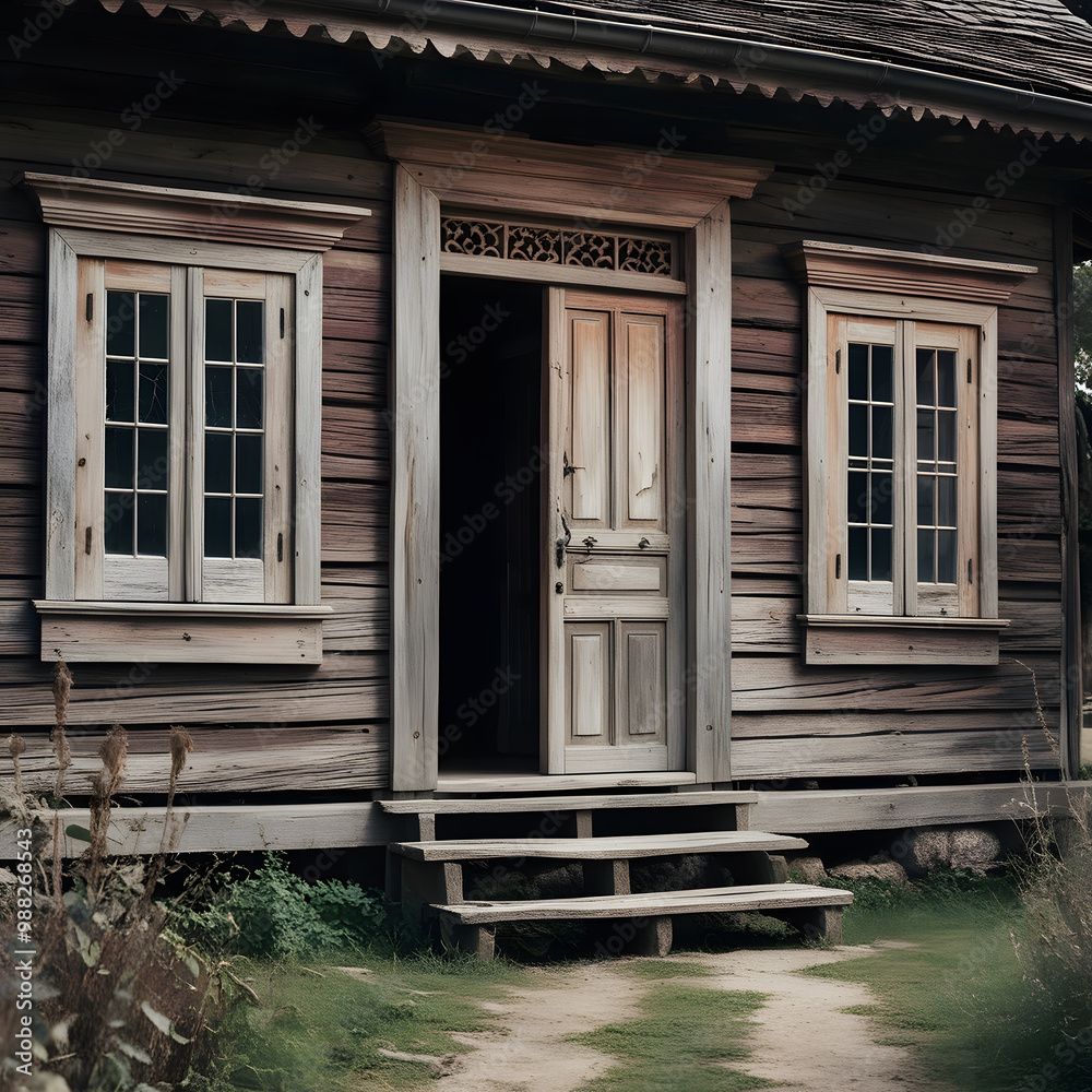 Fototapeta premium Old traditional wooden door and window house . AI Generated.