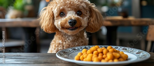 A cute dog looks longingly at a plate of food on a wooden table. photo