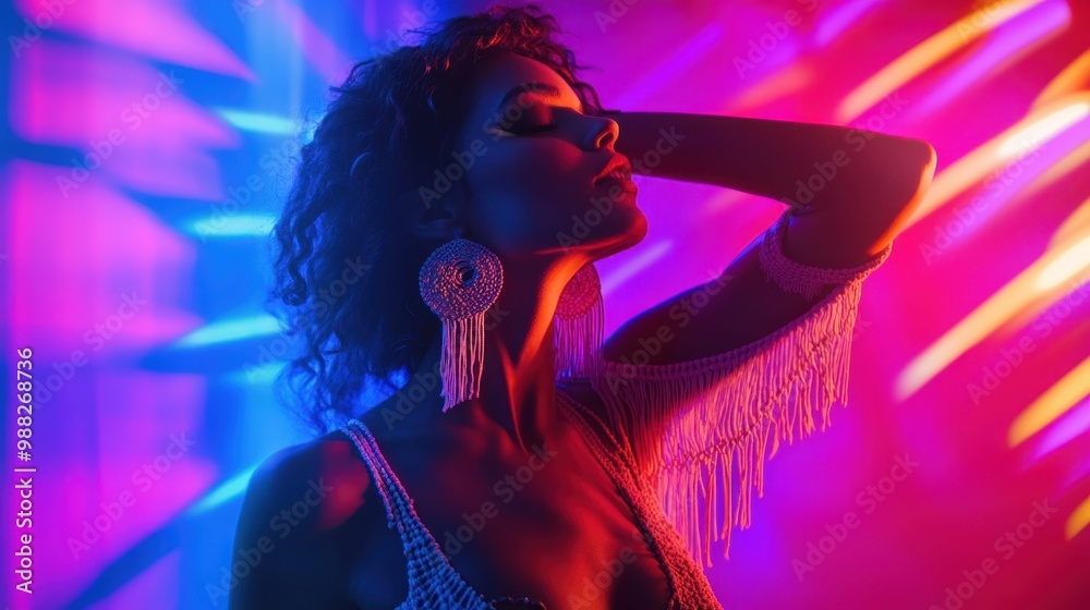 Vibrant Nightclub Vibe: Ethereal Woman Dancing in Neon-lit Macrame Outfit with Colorful Skin Reflections Vibrant Nightclub Vibe: Ethereal Woman Dancing in Neon-lit Macrame Outfit with Colorful Skin Reflections