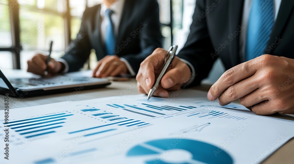 A financial advisor meeting with clients to discuss investments in a professional office A financial advisor meeting with clients to discuss investments in a professional office