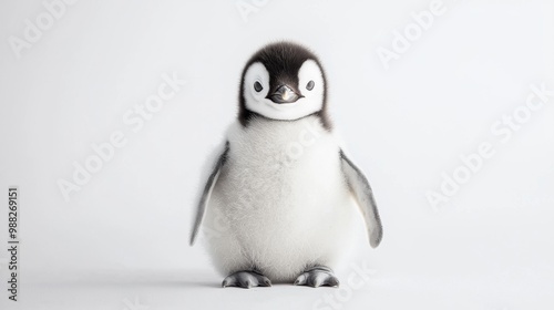 A cute baby penguin standing against a clean white background, showcasing its fluffy feathers and charming personality.