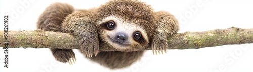 A cute sloth hanging from a branch, showcasing its adorable face and furry coat, perfect for wildlife and nature themes.