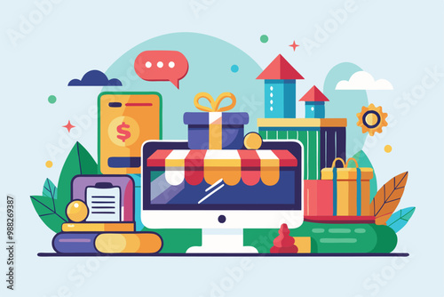 A vibrant illustration showcases a Cyber Monday sale with customizable products, online shopping elements, and festive decorations prominently displayed.