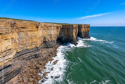 Coastal cliffs at Cave Point, with waves crashing dramatically against the rocky shore and a clear blue sky above photo