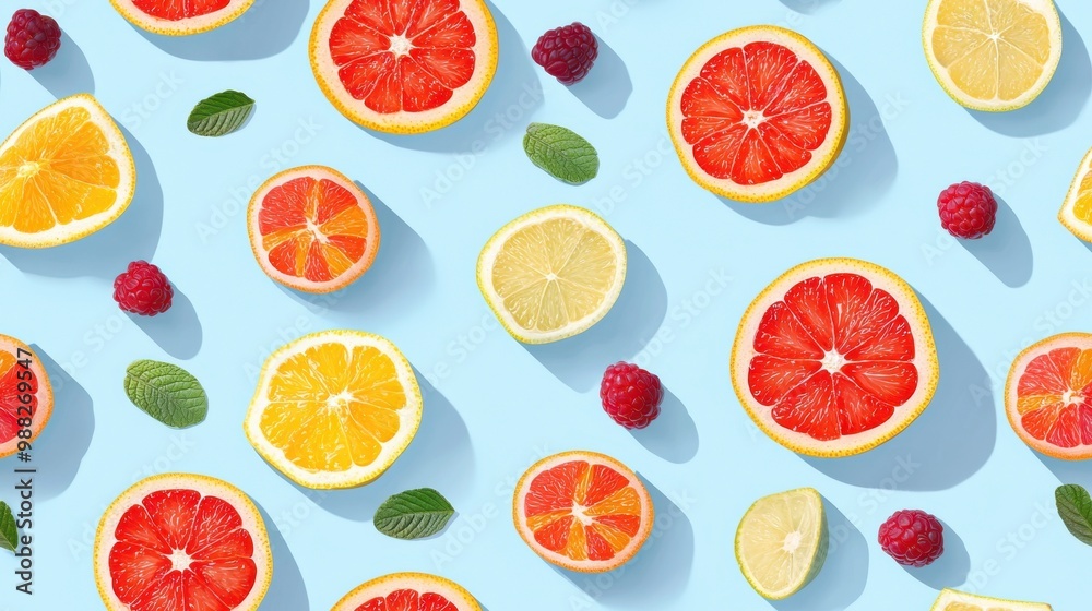 A vibrant arrangement of fresh citrus fruits including oranges and lemons on a light blue background, perfect for summer themes. A vibrant arrangement of fresh citrus fruits including oranges and lemons on a light blue background, perfect for summer themes.
