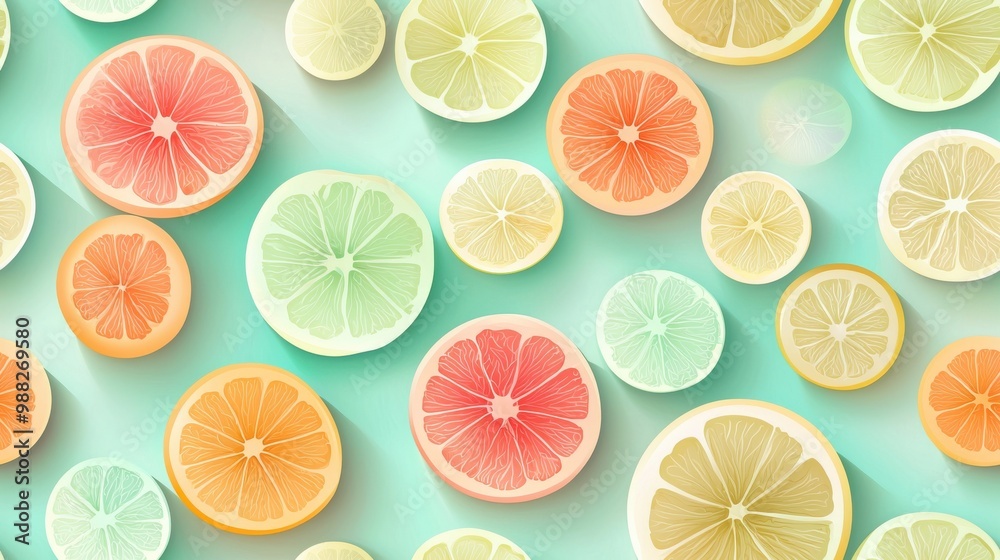 A vibrant arrangement of sliced citrus fruits in various colors on a light blue background, perfect for fresh and healthy themes. A vibrant arrangement of sliced citrus fruits in various colors on a light blue background, perfect for fresh and healthy themes.