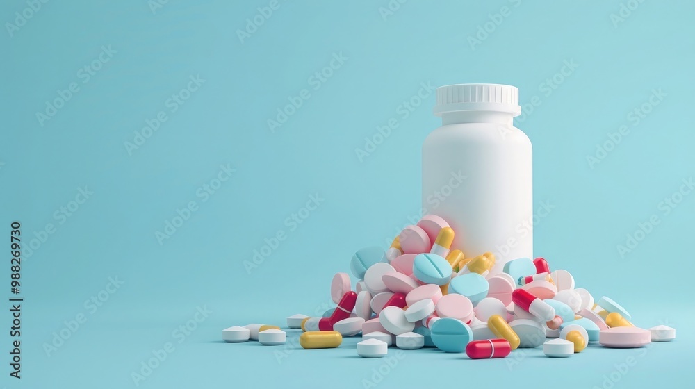 Heap of colorful pills and white bottle on blue background. Medical tablets, drug of painkillers, antibiotics, vitamins. Healthcare and medicine concept. Drugstore banner design Heap of colorful pills and white bottle on blue background. Medical tablets, drug of painkillers, antibiotics, vitamins. Healthcare and medicine concept. Drugstore banner design