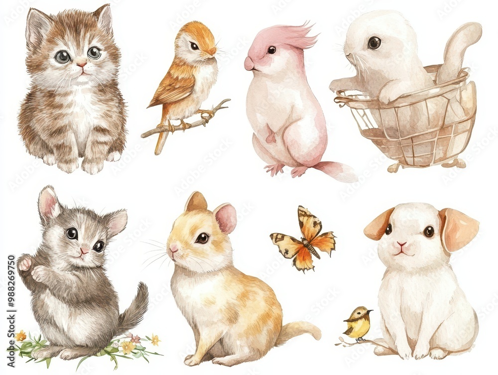 Fototapeta premium Watercolor Illustration of Adorable Baby Animals and Birds