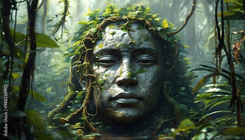 Ancient stone visage entwined in rainforest vines, embodying natures power and civilizations enduring connection