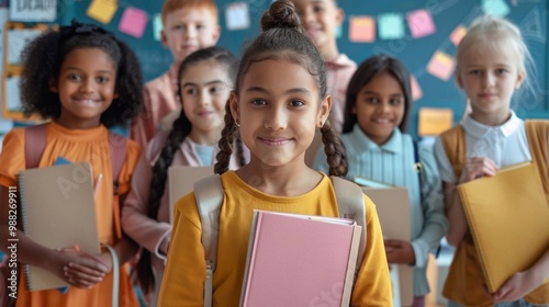 School Friends: Group of Kids Holding Books and Carrying Backpacks