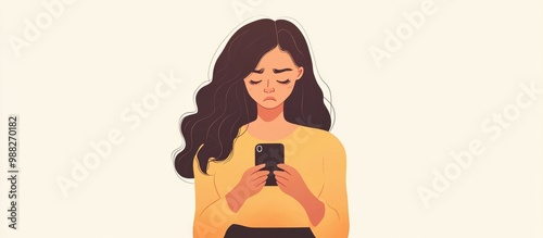 An unhappy young woman looking at her phone in a flat design style