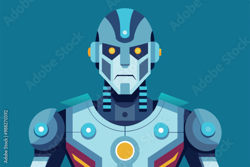 A detailed cyborg illustration showcases a customizable character ready for digital interaction in a vibrant futuristic design.