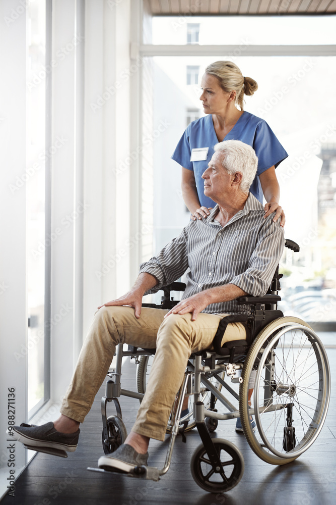 Patient, nurse and woman with wheelchair, window and thinking with healthcare, nostalgia and healing. Senior man, professional and person with disability, rehabilitation and support with compassion Patient, nurse and woman with wheelchair, window and thinking with healthcare, nostalgia and healing. Senior man, professional and person with disability, rehabilitation and support with compassion
