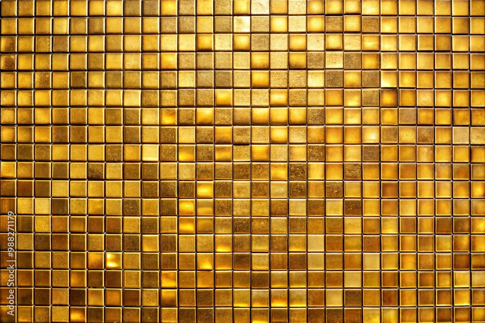 Golden mosaic tile wall with intricate shimmering pattern Golden mosaic tile wall with intricate shimmering pattern