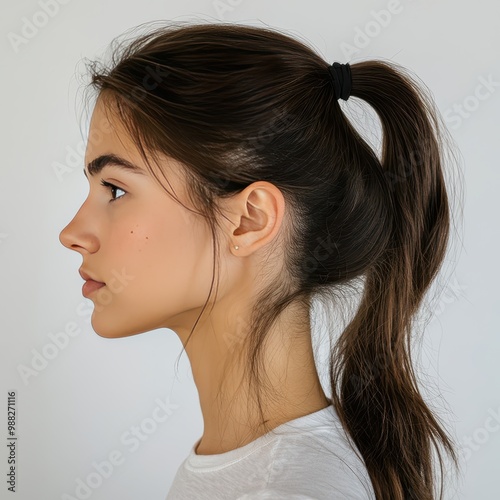 Profile Portrait of a Young Woman with Long Brown Hair Tied Back in a Ponytail photo