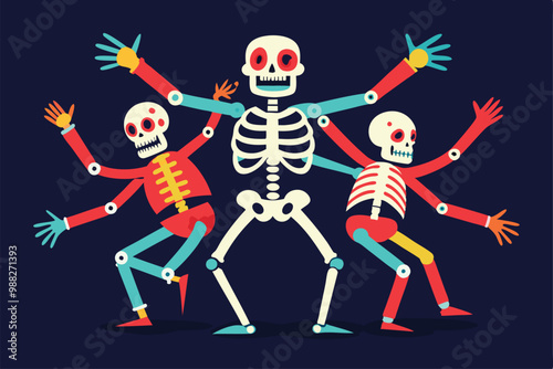 Three colorful skeletons dance joyfully, showcasing customizable designs in a playful and lively performance against a dark backdrop.