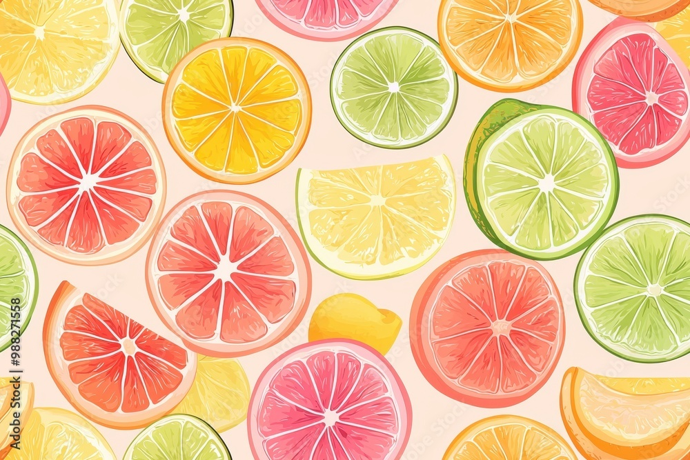 Fototapeta premium Vibrant arrangement of assorted citrus slices on a pastel background, showcasing fresh lemons, limes, grapefruits, and oranges.