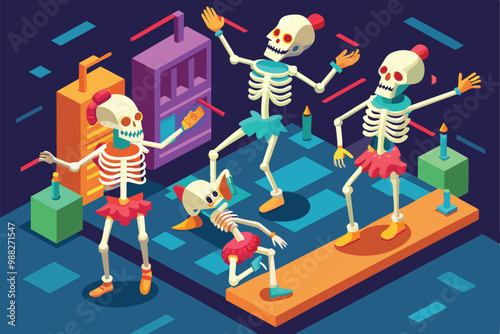 Colorful skeletons in tutus joyfully dance together in a quirky isometric dance studio surrounded by playful decorations and illuminated candles.