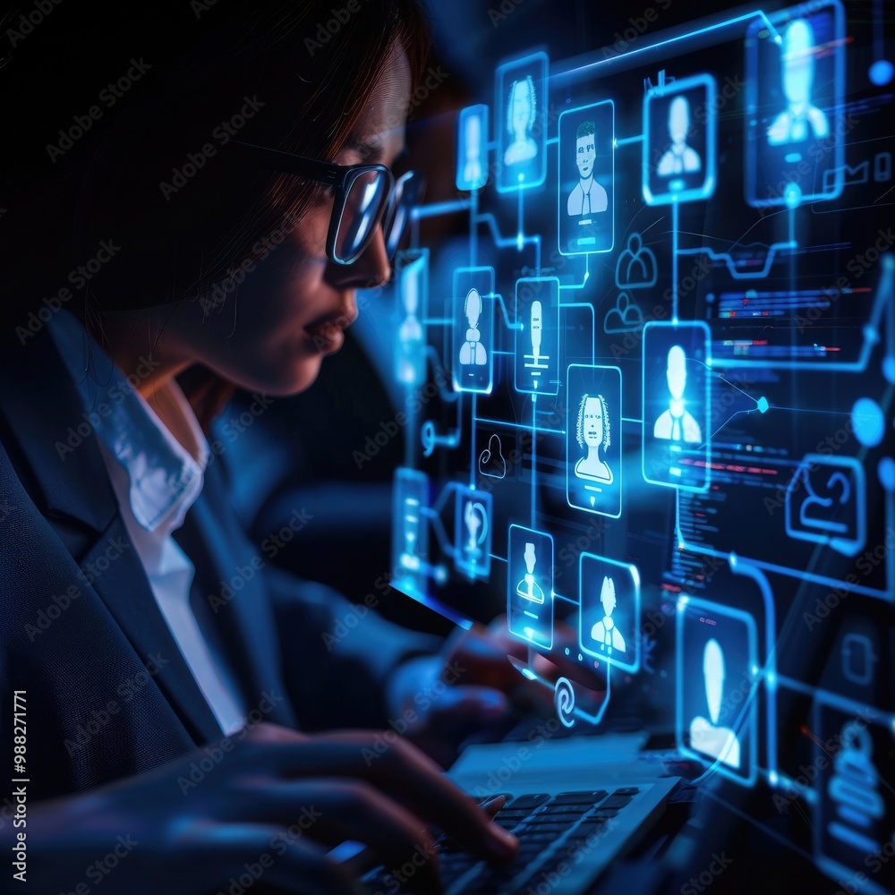 HR woman specialist is typing the keyboard in the internet to find the best candidates to create international network in recruitment process. Formal wear. Social media hologram icons. HR woman specialist is typing the keyboard in the internet to find the best candidates to create international network in recruitment process. Formal wear. Social media hologram icons.