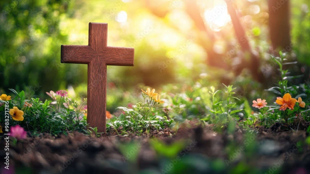 Tranquil Christian Cross in Nature Surrounded by Greenery and Wildflowers with Copy Space Tranquil Christian Cross in Nature Surrounded by Greenery and Wildflowers with Copy Space