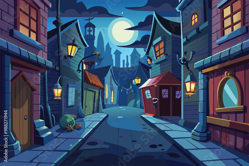 A dark alley illuminated by lanterns under a full moon, showcasing colorful cartoon-style houses with a whimsical atmosphere.