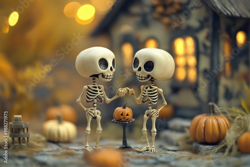 Adorable skeletons , Halloween theme with witch hat, autumn leaves, spooky decorations, Halloween concept