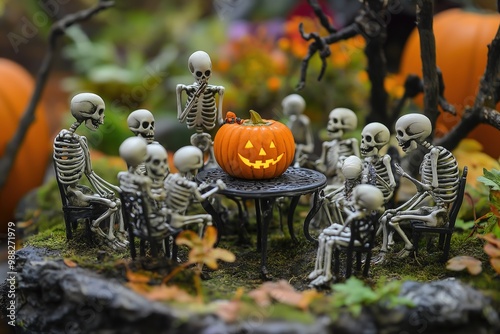 Skeletons sitting around table with pumpkin chatting, celebrating Halloween, festive atmosphere, holiday decor concept