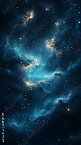 A cosmic night sky background with swirling auroras, shimmering stars, and dark blues fading into black