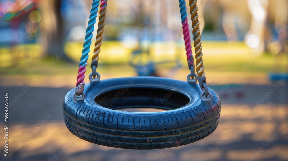 Tire Rope Tire Swing: A circular tire suspended from a strong rope or chain ...