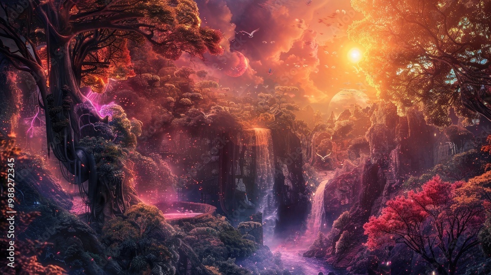 Illustrate a dream-like panorama of a tranquil oasis brimming with life, ironically situated on the incandescent surface of the sun, juxtaposed against a backdrop of playful and enchanted forest Illustrate a dream-like panorama of a tranquil oasis brimming with life, ironically situated on the incandescent surface of the sun, juxtaposed against a backdrop of playful and enchanted forest