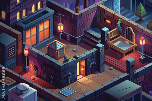 A deserted alley features an old building with glowing windows, surrounded by scattered debris and dimly lit streetlights in a nighttime setting.