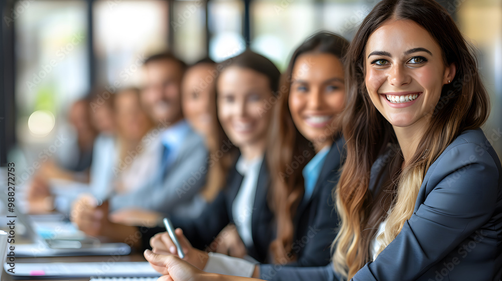 Group portrait of a happy smiling diverse business people at work in office. Staff and company employees men and women looking cheerful at the camera during a meeting or a conferenc Group portrait of a happy smiling diverse business people at work in office. Staff and company employees men and women looking cheerful at the camera during a meeting or a conferenc