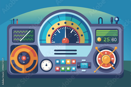 A colorful cartoon dashboard features multiple gauges, buttons, and a speedometer, offering a customizable interface for user interaction.