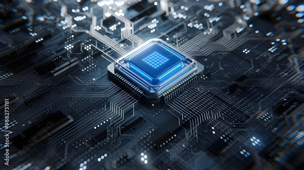 Fototapeta premium a microchip integrated into a glowing circuit board, Integrated circuits, Tech innovation,