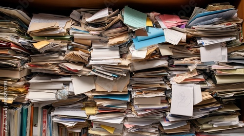 Disorganized Stacks of Paperwork and Documents Overflowing from Shelves