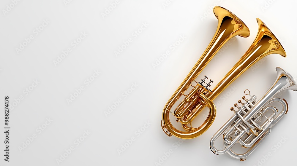 A golden trumpet and a silver cornet rest side by side on a white surface, a duet of brilliance. A golden trumpet and a silver cornet rest side by side on a white surface, a duet of brilliance.